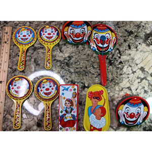 Lot Of 9 VINTAGE Tin Litho Clown Rattle Noisemaker Shaker Toy Japan Taiwan